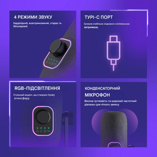 Игровой микрофон Proove Gaming Odius USB-C с 4 режимами направленности и сенсорным Mute