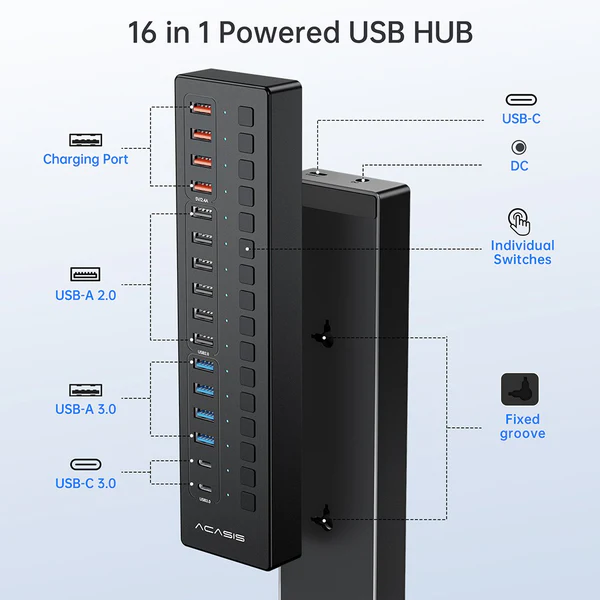 Розумний USB hub Acasis DS-516PB на 16 портів USB-C/USB 5 Гбіт/с розгалужувач з живленням від мережі