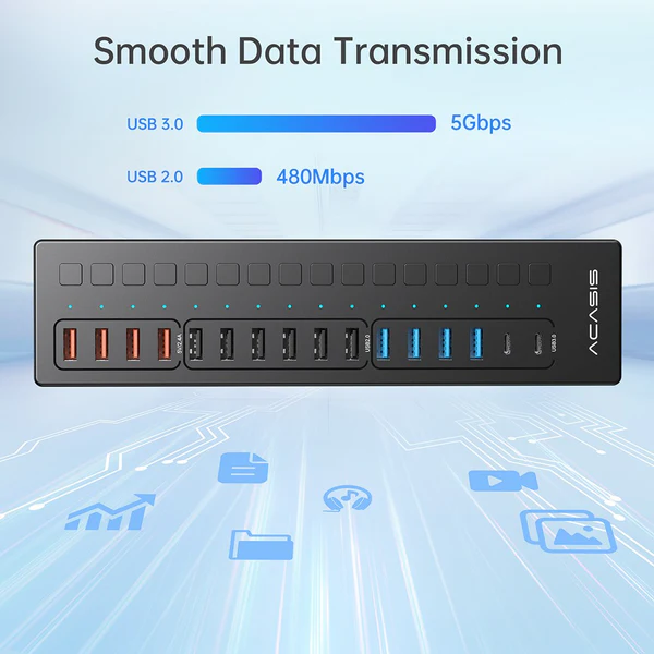 Розумний USB hub Acasis DS-516PB на 16 портів USB-C/USB 5 Гбіт/с розгалужувач з живленням від мережі