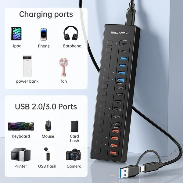 Розумний USB hub Acasis DS-516PB на 16 портів USB-C/USB 5 Гбіт/с розгалужувач з живленням від мережі