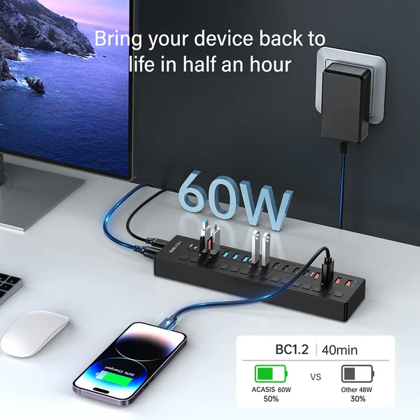 Розумний USB hub Acasis DS-516PB на 16 портів USB-C/USB 5 Гбіт/с розгалужувач з живленням від мережі