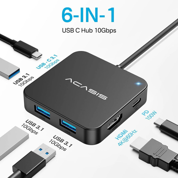 USB hub Acasis HB0706 6-в-1 з HDMI 4K та PD 100W для швидкої зарядки
