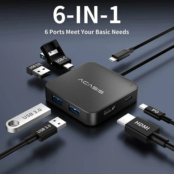 USB hub Acasis HB0706 6-в-1 з HDMI 4K та PD 100W для швидкої зарядки