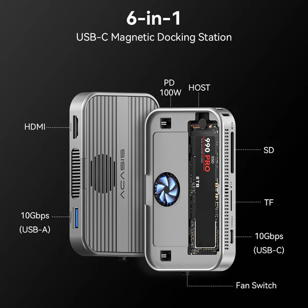 Магнитная док-станция ACASIS EC-1401 6-в-1 с корпусом для SSD, 10 Гбит/с и зарядкой 100 Вт