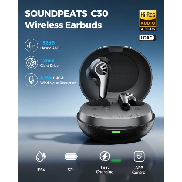 Бездротові навушники TWS SOUNDPEATS C30 з гібридним шумозаглушенням та Hi-Res Audio 