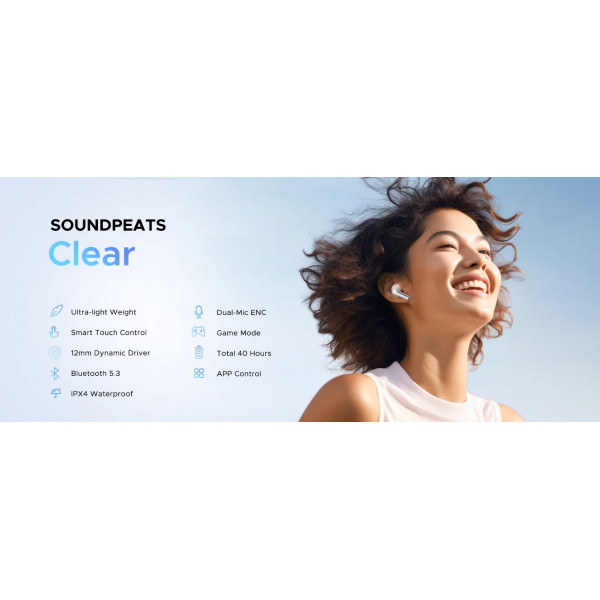 Беспроводные наушники TWS SoundPEATS Clear в прозрачном корпусе с мощными басами