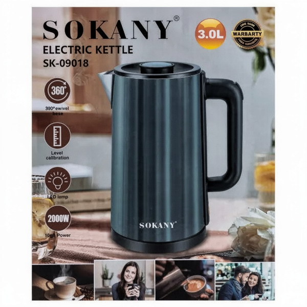 Електрочайник SOKANY SK-09018 на 3 л із нержавіючої сталі для швидкого та безшумного кип’ятіння