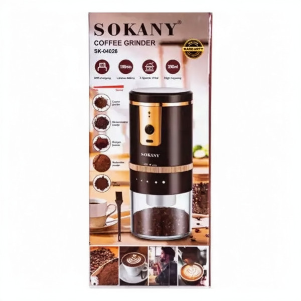 Кофемолка электрическая SOKANY SK-04026 на 250 мл с USB-зарядкой и регулировкой степени помола