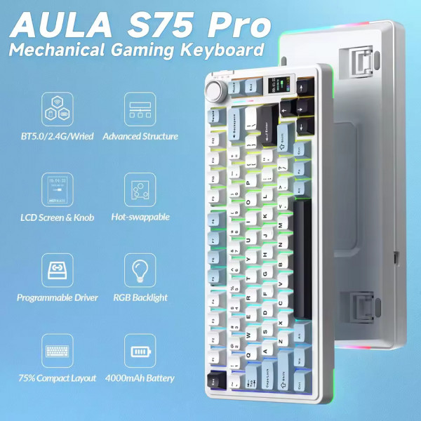 Механічна клавіатура AULA S75 Pro з Gasket-конструкцією, TFT-дисплеєм та трирежимним підключенням
