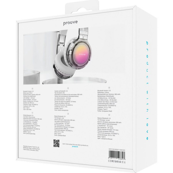 Беспроводные наушники Proove Crystal Galaxy Transparent с подсветкой RGB и длительной автономностью