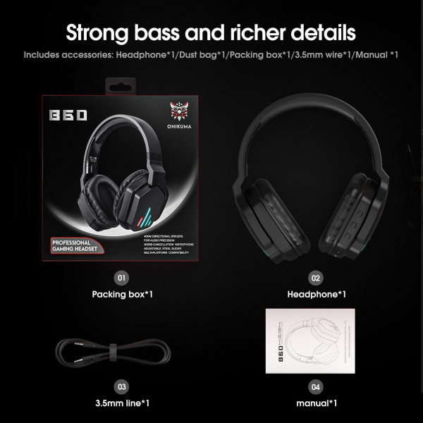 Беспроводные игровые наушники ONIKUMA B60 с Hi-Fi звучанием и LED-подсветкой для профессионального гейминга