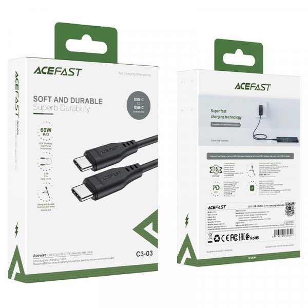 Кабель ACEFAST C3-03 USB Type-C to Type-C 60W, 1.2 м — швидке заряджання та захист смарт-чіпом