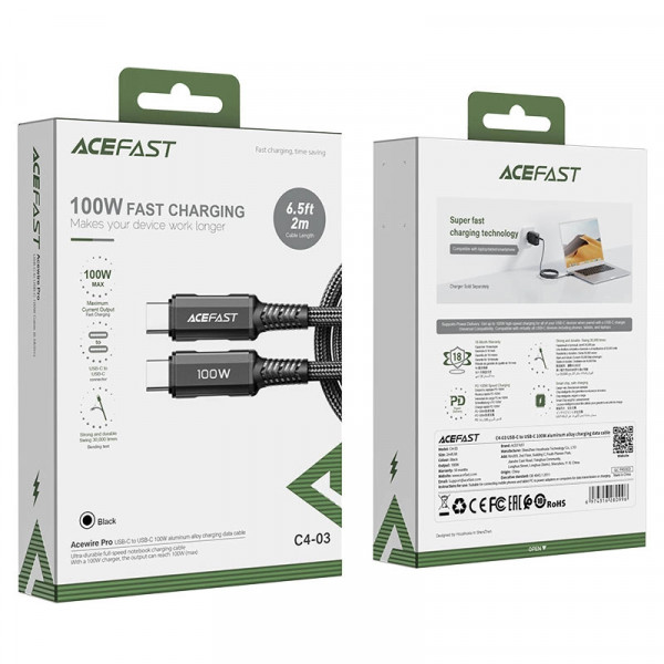 Кабель ACEFAST C4-03 Type-C to Type-C 100W 2 м у нейлоновому обплетенні з цинковими конекторами