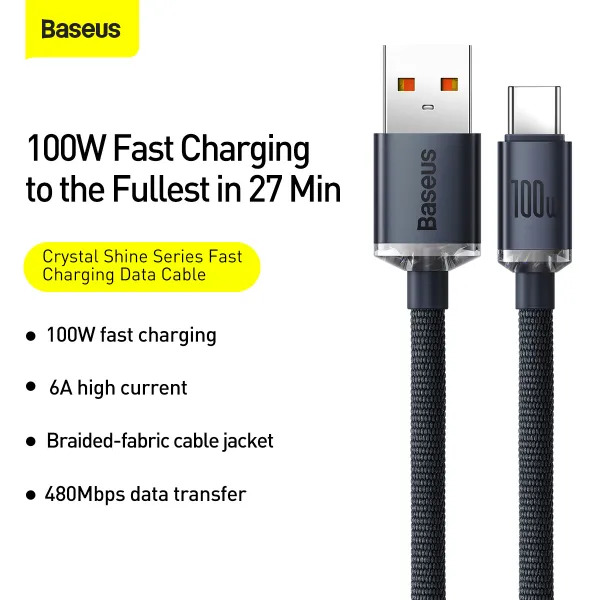 Кабель Baseus Crystal Shine USB to Type-C 100W 1.2 м для швидкої зарядки та стабільної передачі даних