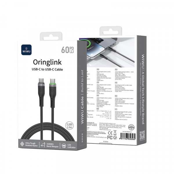 Кабель WIWU OringLink Wi-C069 USB-C to USB-C 60W 1 м с нейлоновой оплеткой и быстрой зарядкой 