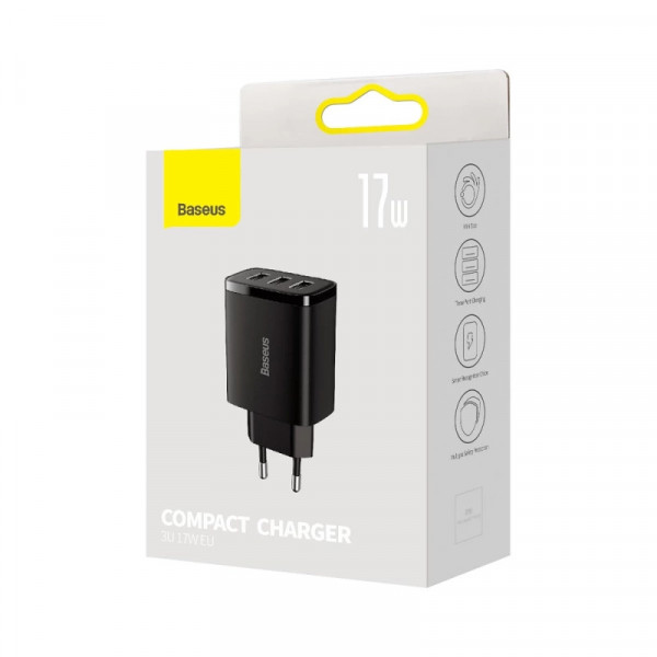 Мережевий зарядний пристрій Baseus Compact Charger 3U 17W з 3 портами USB для одночасної зарядки гаджетів