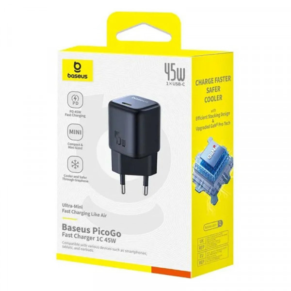 Мережевий зарядний пристрій Baseus PicoGo GaN 45W Type-C для швидкої зарядки гаджетів