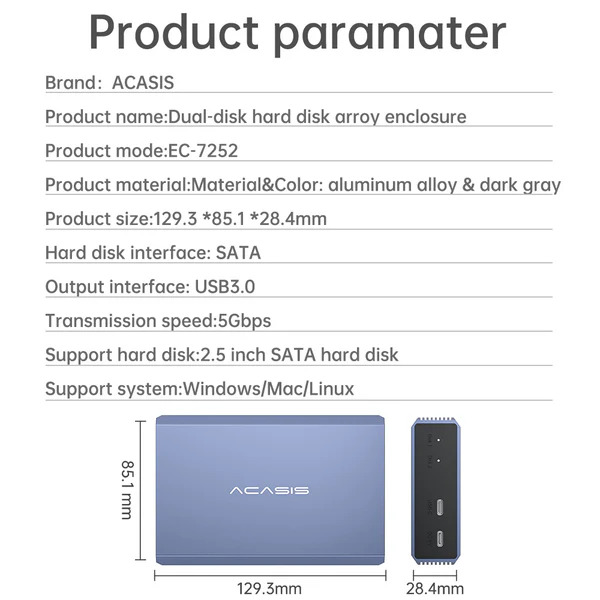 Корпус для жорстких дисків ACASIS EC-7252 USB 3.0 з підтримкою RAID до 12 ТБ для SATA HDD/SSD 2,5 дюйма