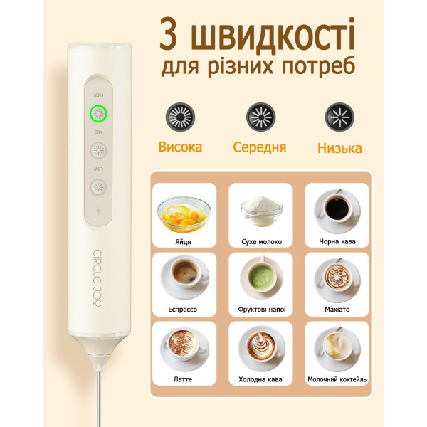 Акумуляторний спінювач молока CIRCLE JOY Milk Frothe з 3 знімними вінчиками та базою для зберігання