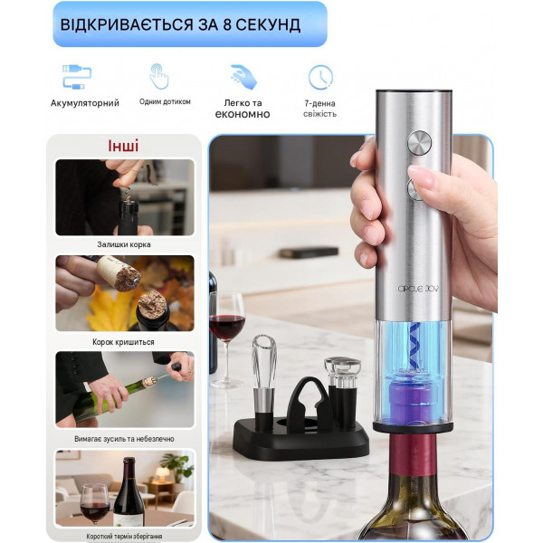 Электрический открыватель для вина CIRCLE JOY CJ-EKPQ16 6-в-1 с аккумулятором и набором аксессуаров