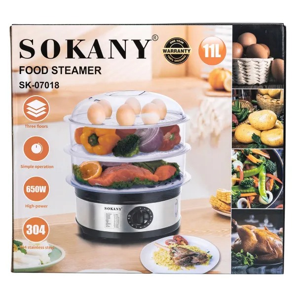 Пароварка електрична Sokany SK-07018 11 л трирівнева для приготування кількох страв одночасно