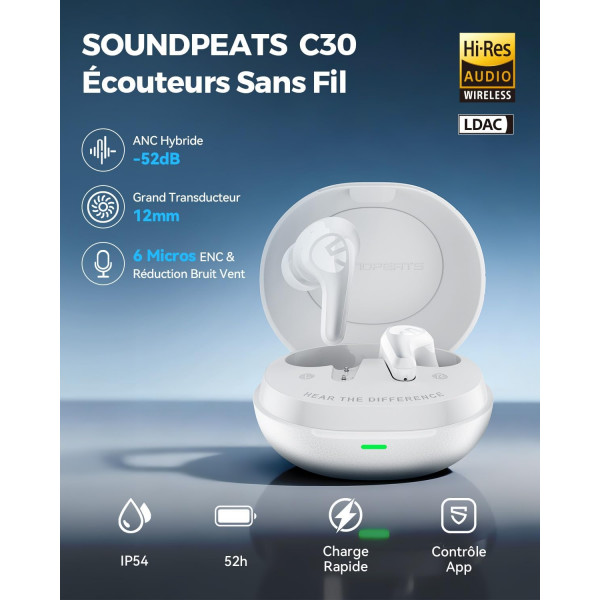 Беспроводные наушники TWS SOUNDPEATS C30 с гибридным шумоподавлением и Hi-Res Audio