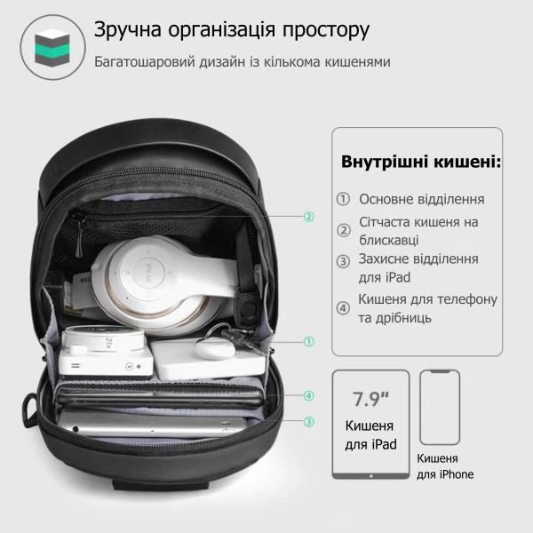 Рюкзак с одной лямкой Mark Ryden MR7507 с USB-портом и жесткой лицевой панелью