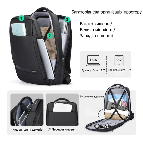 Дорожный рюкзак Mark Ryden MR9668SJ для ноутбука 15.6" и планшета с USB-портом и защитой от влаги
