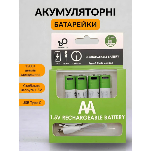 Акумуляторні батарейки Smartoools AA 1.5V 1700 mAh з USB-C зарядкою, 4 шт