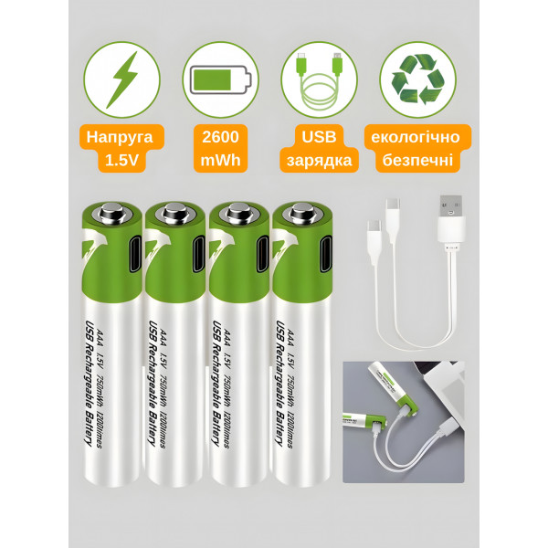 Акумуляторні батарейки Smartoools AA 1.5V 1700 mAh з USB-C зарядкою, 4 шт