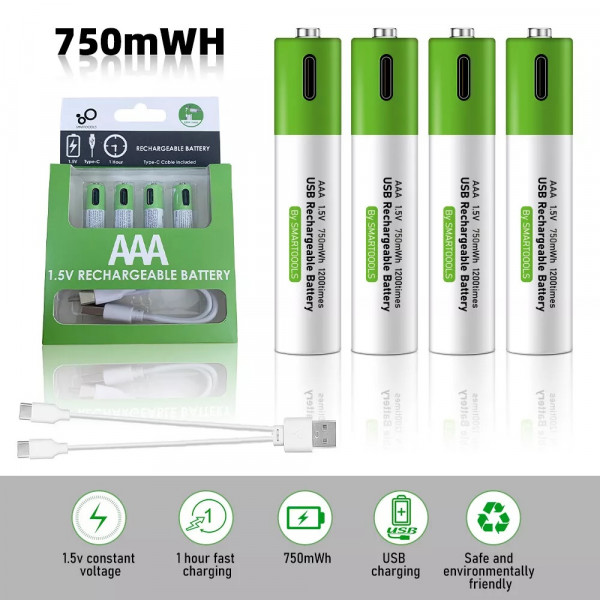 Комплект 4 шт. аккумуляторные батарейки Smartoools AAA 500 mah + зарядка Type-C