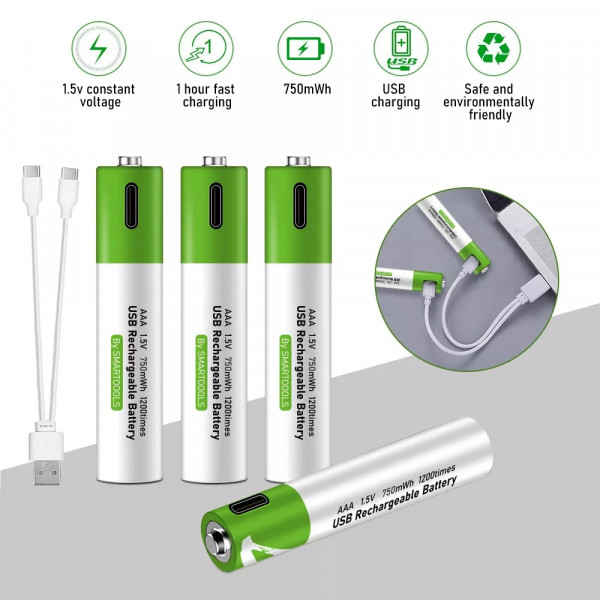 Комплект 4 шт. аккумуляторные батарейки Smartoools AAA 500 mah + зарядка Type-C