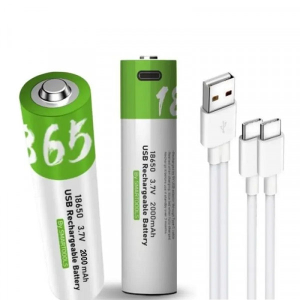 Комплект 2 шт. аккумуляторные батарейки Smartoools 18650 3.7V 2000Mah с зарядкой Type-C