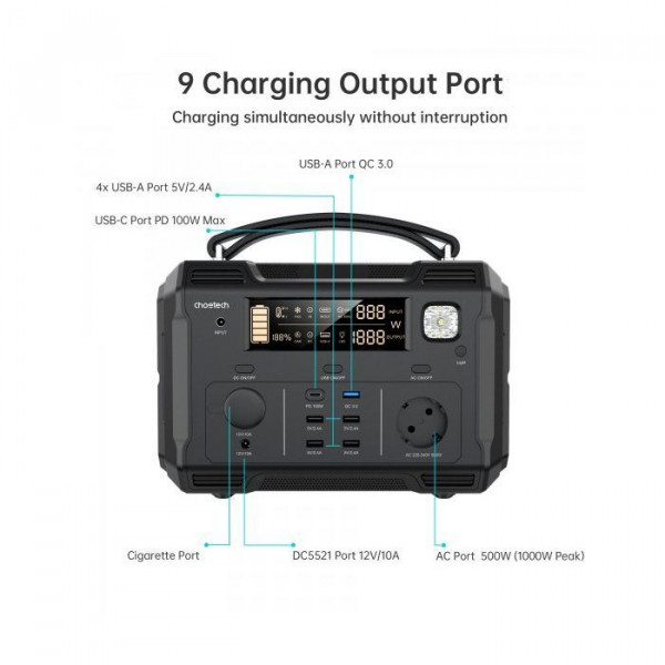 Зарядная станция Choetech BS004-EU-BK, 500W (BS004-EU-BK)