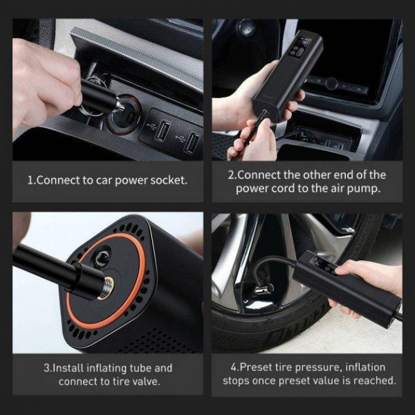 Автомобільний компресор Baseus Super Mini Inflator Pump 12V з ліхтариком та автостопом