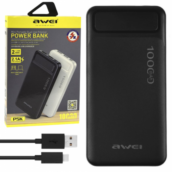 Павербанк AWEI P5K Pro 10000mAh з 2 USB портами, micro-USB та USB Type-C