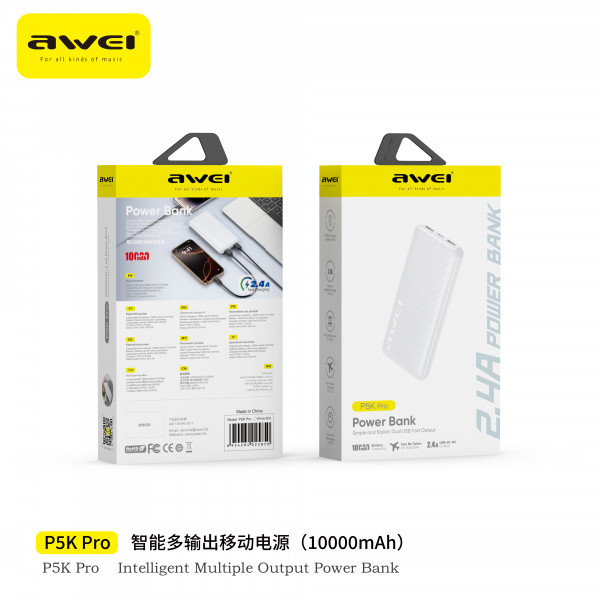 Повербанк Power Bank AWEI P5K Pro 10000 mAh Type-C зі швидкою зарядкою