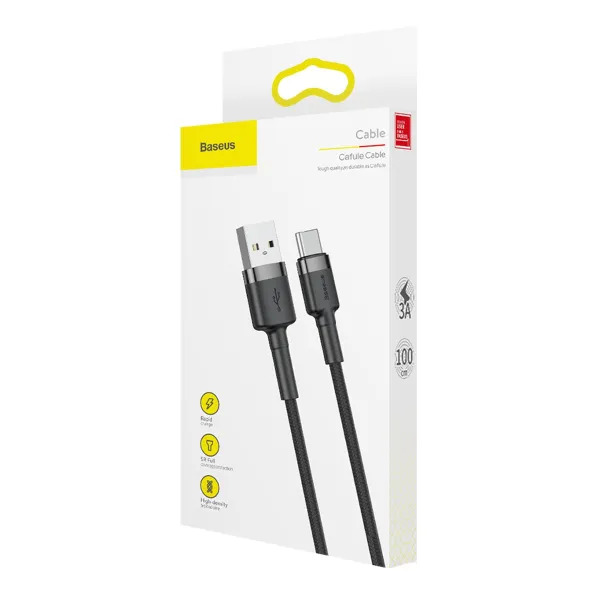 Кабель Baseus Cafule USB-A → USB-C 1м с поддержкой быстрой зарядки QC3.0 3A (CATKLF-BG1)