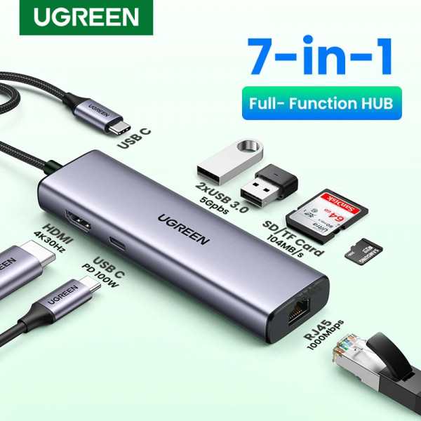 USB hub UGREEN CM512 USB-C 7в1 на 2 порти USB 3.0, з HDMI-виходом, RJ45, картридером SD/TF та PD-портом