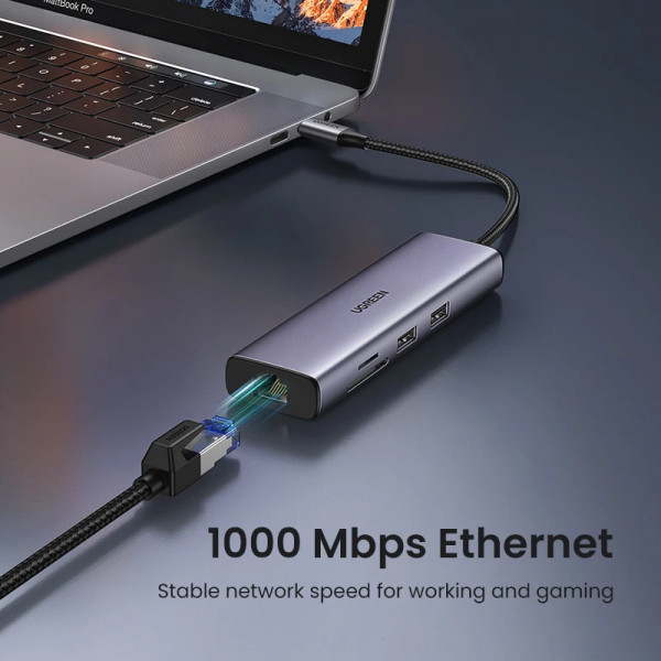 USB hub UGREEN CM512 USB-C 7в1 на 2 порти USB 3.0, з HDMI-виходом, RJ45, картридером SD/TF та PD-портом