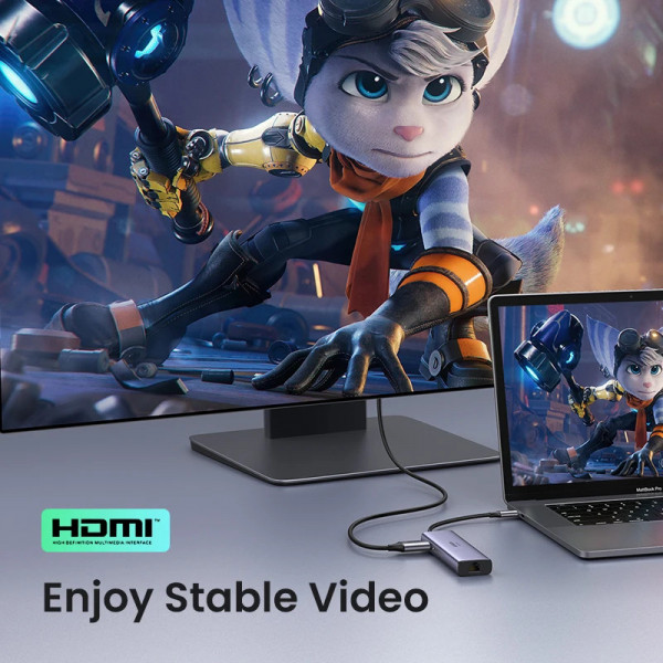 USB hub UGREEN CM512 USB-C 7в1 на 2 порти USB 3.0, з HDMI-виходом, RJ45, картридером SD/TF та PD-портом