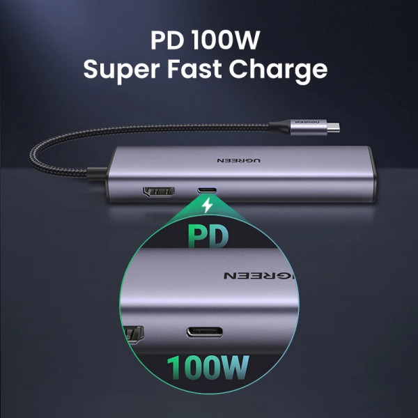 USB hub UGREEN CM512 USB-C 7в1 на 2 порти USB 3.0, з HDMI-виходом, RJ45, картридером SD/TF та PD-портом