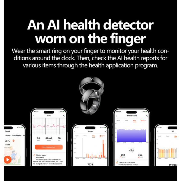Смарт-кольцо Q520 с ЭКГ и зарядным футляром, размер 8