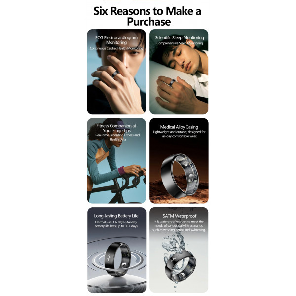 Смарт-кольцо Q520 с ЭКГ и зарядным футляром, размер 8