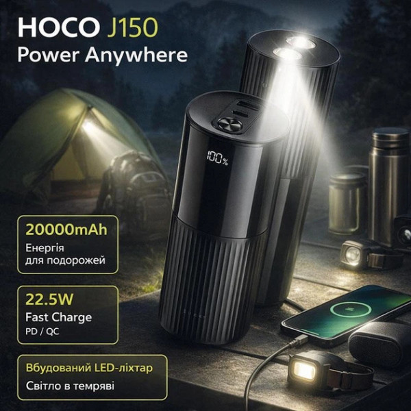 Зовнішній акумулятор УМБ HOCO J150 Stream 20000mAh 22.5W зі швидкою зарядкою та ліхтариком