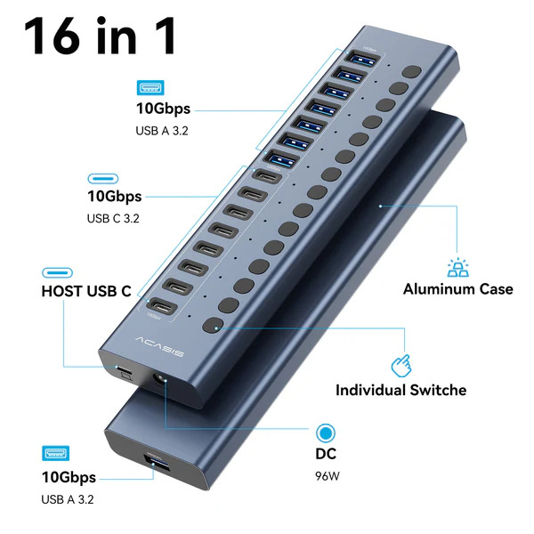 USB hub Acasis HB16 Pro на 16 портов – 8 USB-A и 8 USB-C USB 3.2 с питанием 96W