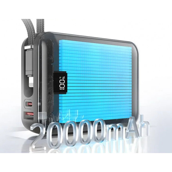 Power Bank Awei C03 20000mAh 45W с быстрой зарядкой и встроенными кабелями Type-C/Lightning