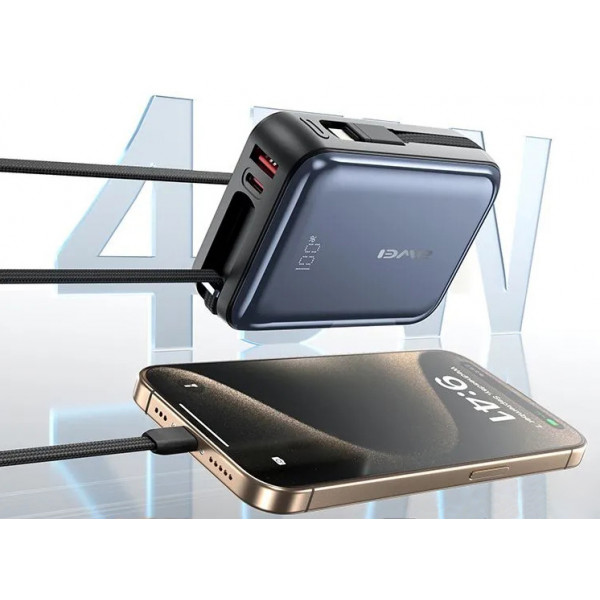 Power Bank Awei C03 20000mAh 45W с быстрой зарядкой и встроенными кабелями Type-C/Lightning