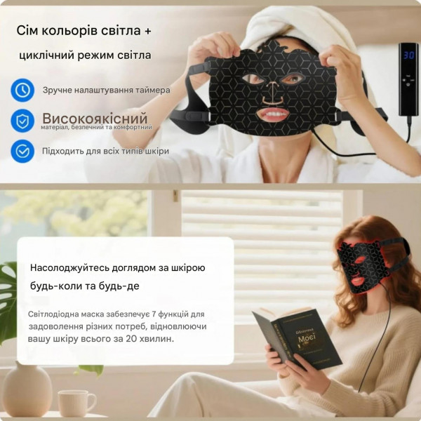 LED маска для обличчя BM-43 зі світлотерапією 7 кольорів, 88 LED і регулювання яскравості