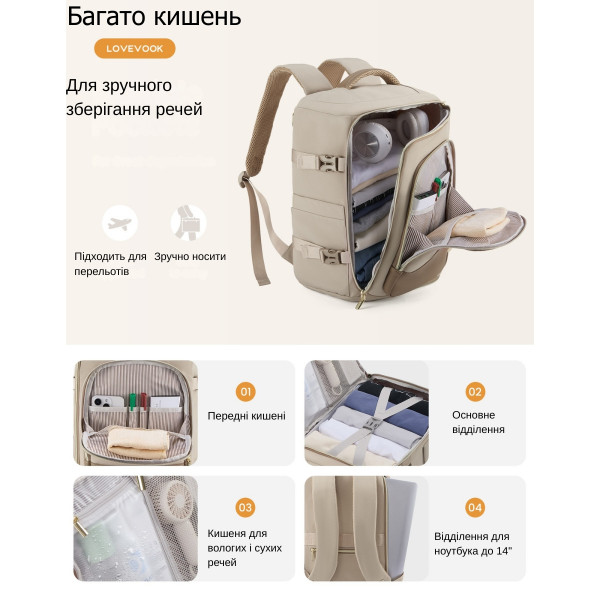 Женский рюкзак для ноутбука 14” Lovevook с отделением для влажных вещей и защитой от воды
